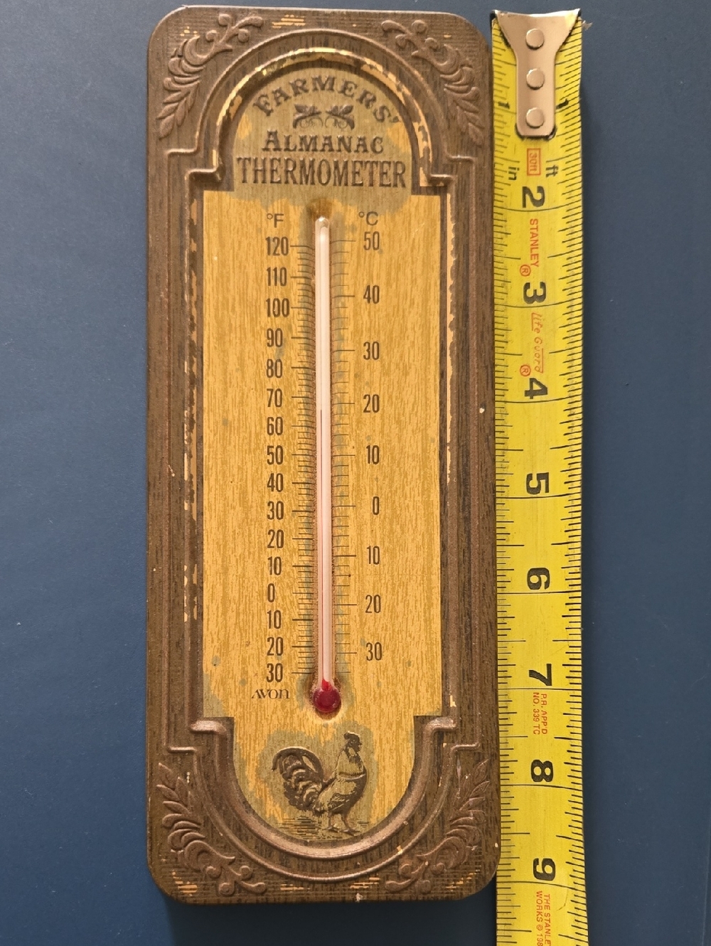 Vintage Avon Farmers' Almanac Thermometer Tin w/Rooster 9" (BIN 008)
